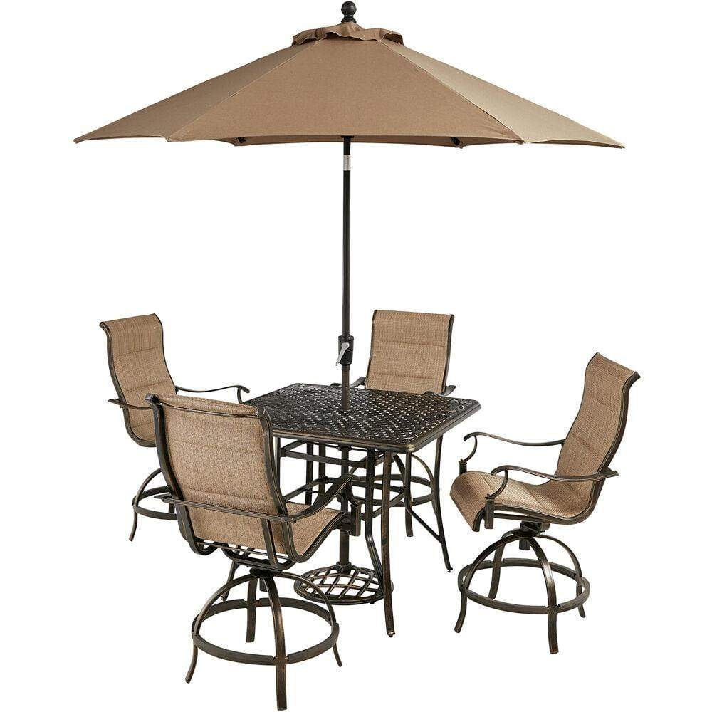 Hanover Outdoor Dining Set Hanover Traditions 5-Piece High-Dining Set in Tan with 4 Swivel Counter-Height Chairs, 42-in. Table, and 9-ft Umbrella