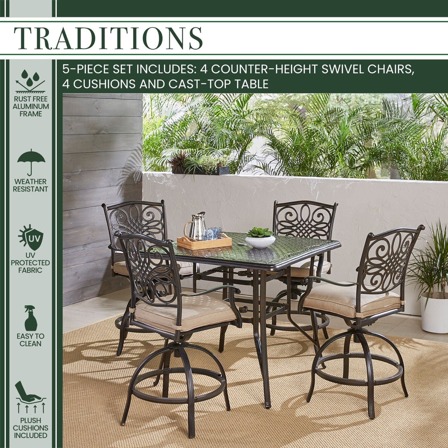 Hanover Outdoor Dining Set Hanover - Traditions 5-Piece High-Dining Set in Tan with a 42 In. Square Cast-top Table |Tan/Cast | TRADDN5PCSQBR