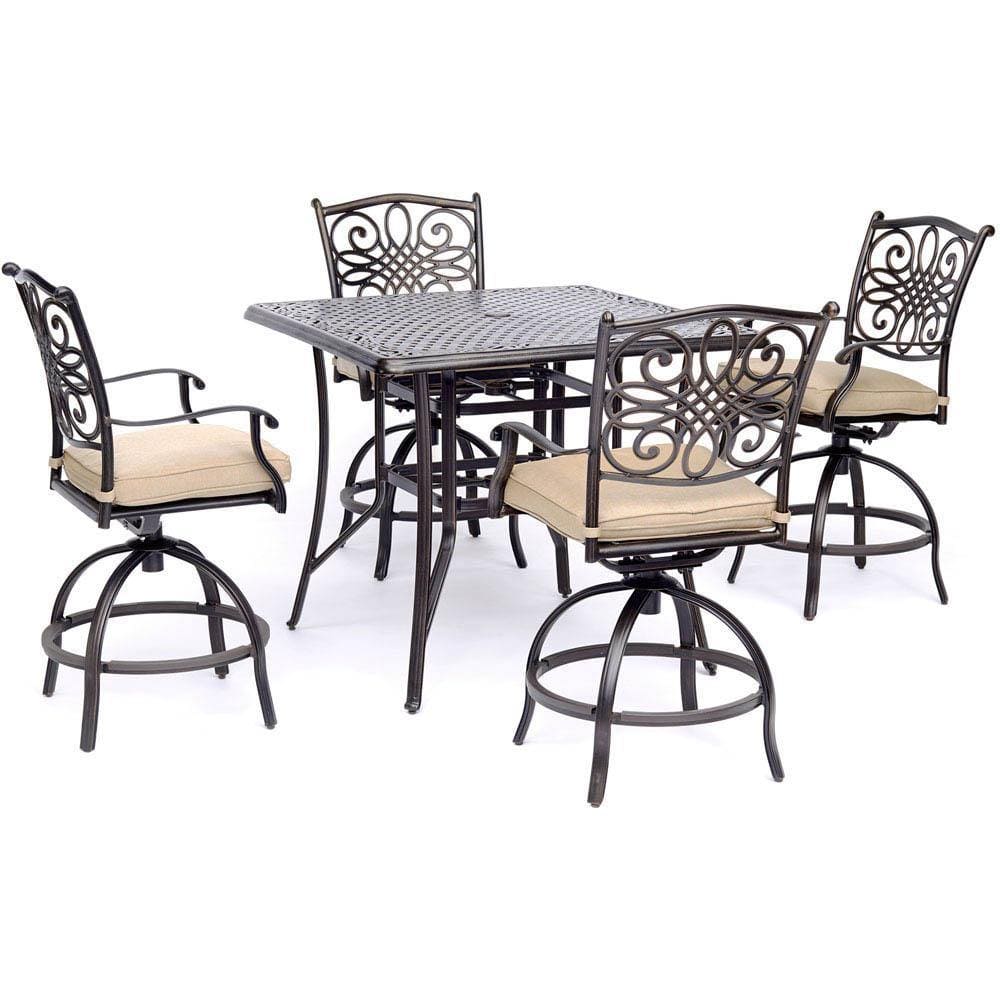 Hanover Outdoor Dining Set Hanover - Traditions 5-Piece High-Dining Set in Tan with a 42 In. Square Cast-top Table -  TRADDN5PCSQBR