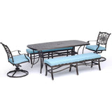 Hanover Outdoor Dining Set Hanover - Traditions 5-Piece Patio Dining Set in Blue with 2 Swivel Rockers, 2 Cushioned Benches, and a 38" x 72" Cast-Top Dining Table - TRADDN5PCSW2BN-BLU