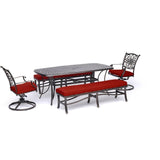Hanover Outdoor Dining Set Hanover - Traditions 5-Piece Patio Dining Set in Red with 2 Swivel Rockers, 2 Cushioned Benches, and a 38" x 72" Cast-Top Dining Table - TRADDN5PCSW2BN-RED