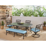Hanover Outdoor Dining Set Hanover Traditions 6-Piece Dining Set in Blue with 4 Swivel Rockers, a Cushioned Bench, and a 38" x 72" Cast-Top Table - TRADDN6PCSW4BN-BLU
