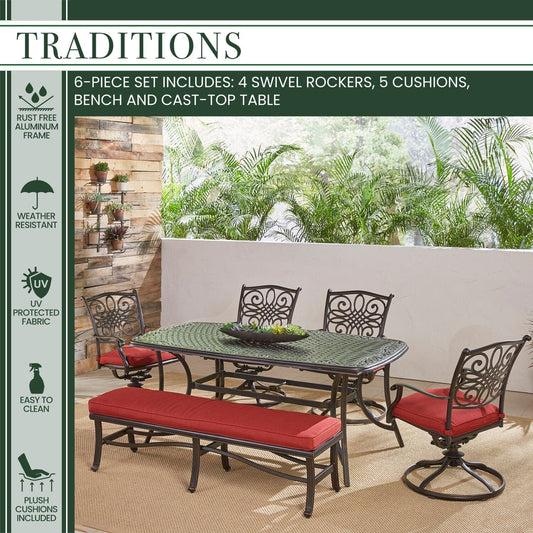 Hanover Outdoor Dining Set Hanover - Traditions 6-Piece Dining Set in Red with 4 Swivel Rockers, a Cushioned Bench, and a 38" x 72" Cast-Top Table - TRADDN6PCSW4BN-RED