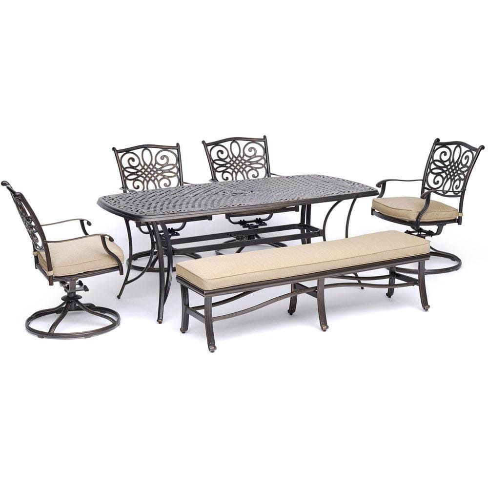 Hanover Outdoor Dining Set Hanover - Traditions 6-Piece Dining Set in Tan with 4 Swivel Rockers, a Cushioned Bench, and a 38" x 72" Cast-Top Table - TRADDN6PCSW4BN-TAN