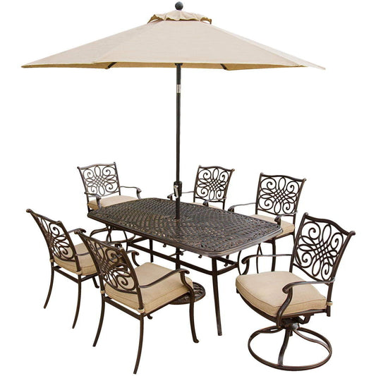 Hanover Outdoor Dining Set Hanover - Traditions 7 Pc. Outdoor Dining Set of Four Dining Chairs, Two Swivel Chairs, Dining Table, Umbrella, and Base - TRADITIONS7PCSW-SU