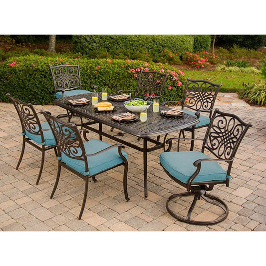 Hanover Outdoor Dining Set Hanover - Traditions 7 Piece: 4 Dining Chairs, 2 Swivel Rockers, 38x72" Cast Table, Cover - TRADDN7PCSW-BLU-HD