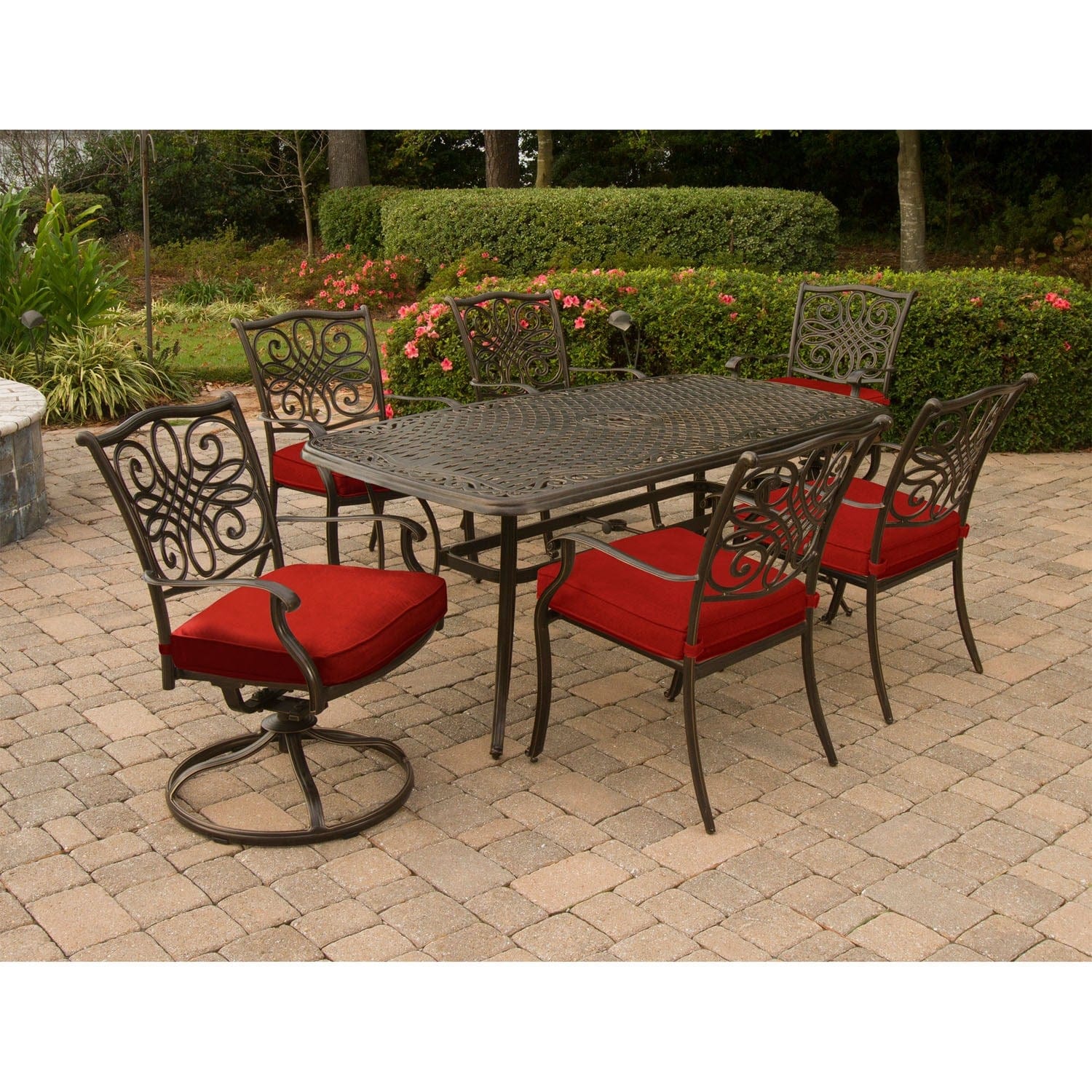 Hanover Outdoor Dining Set Hanover - Traditions 7-Piece Aluminium Frame Dining Set in Red with 72 x 38 in. Cast-top Table | TRADDN7PCSW6-RED
