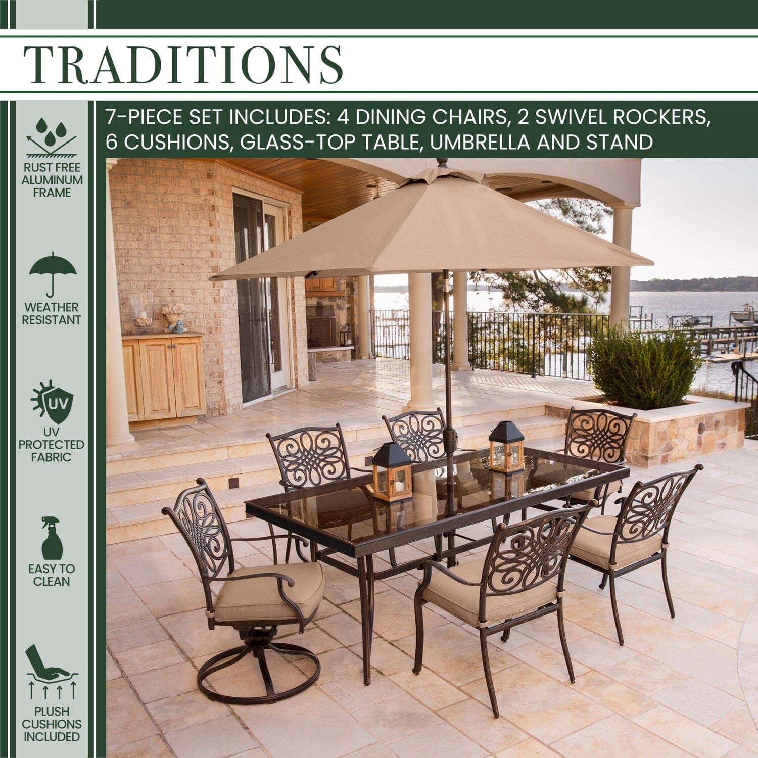 Hanover Outdoor Dining Set Hanover - Traditions 7-Piece Aluminium Frame Dining Set in Tan with Extra Large Glass-Top Dining Table, 11 Ft. Table Umbrella, and Umbrella Stand | TRADDN7PCSW2G-SU