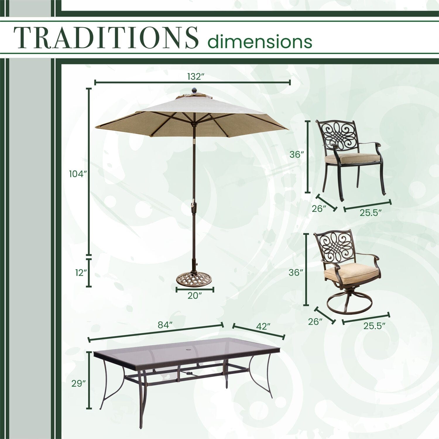 Hanover Outdoor Dining Set Hanover - Traditions 7-Piece Aluminium Frame Dining Set in Tan with Extra Large Glass-Top Dining Table, 11 Ft. Table Umbrella, and Umbrella Stand | TRADDN7PCSW2G-SU