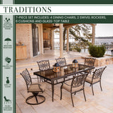 Hanover Outdoor Dining Set Hanover - Traditions 7-Piece Aluminium Frame Dining Set in Tan with Extra Large Glass-Top Dining Table | TRADDN7PCSW2G