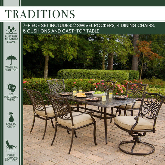 Hanover Outdoor Dining Set Hanover Traditions 7-Piece Aluminium Frame Outdoor Dining Set of Four Dining Chairs, Two Swivel Chairs and a 38 x 72 in. Table | TRADITIONS7PCSW