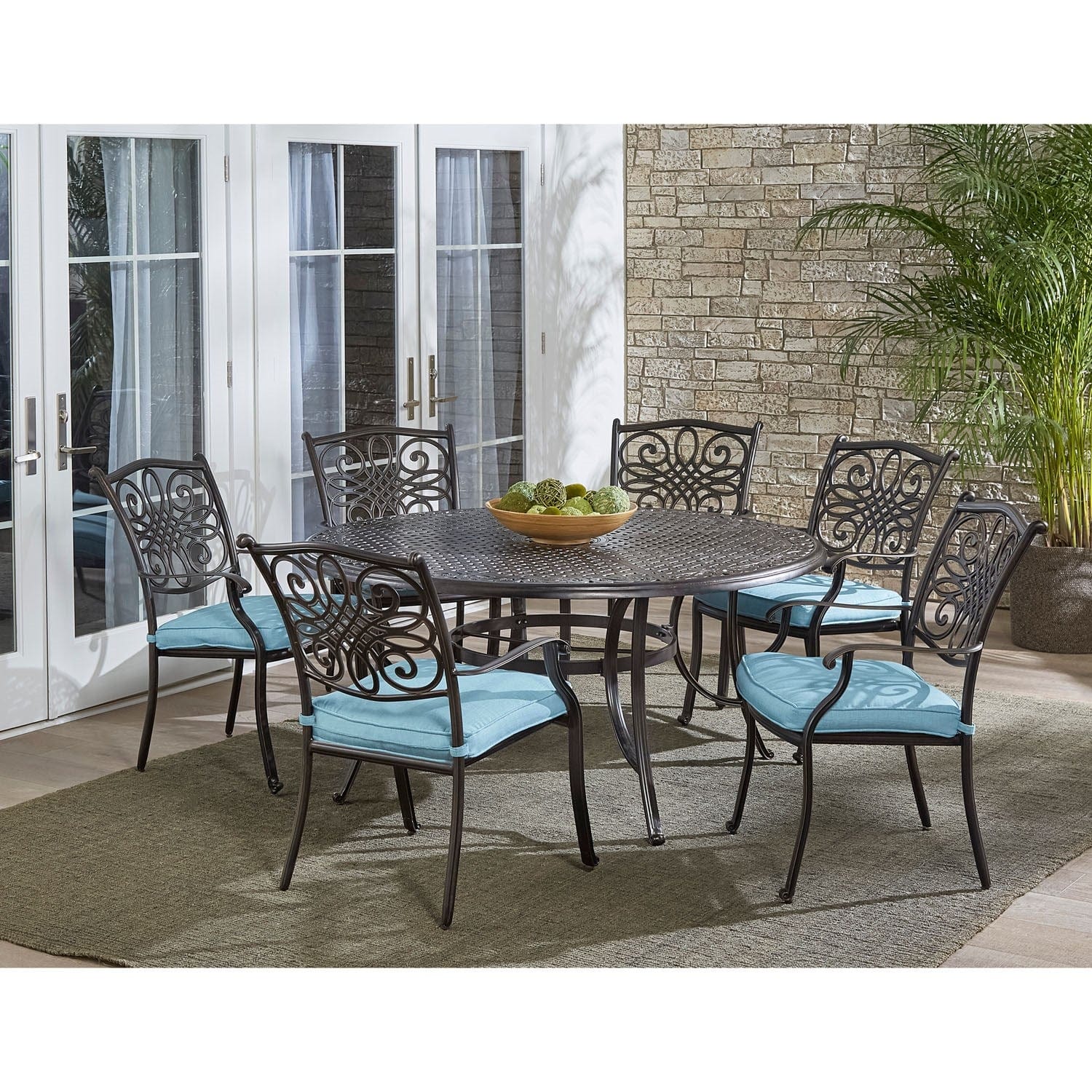 Hanover Outdoor Dining Set Hanover - Traditions 7-Piece Aluminum Frame Dining Set in Blue with Six Dining Chairs and a 60 In. Cast-top Table | TRADDN7PCRD-BLU