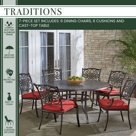 Hanover Outdoor Dining Set Hanover - Traditions 7-Piece Aluminum Frame Dining Set in Red with Six Dining Chairs and a 60 In. Cast-top Table | TRADDN7PCRD-RED
