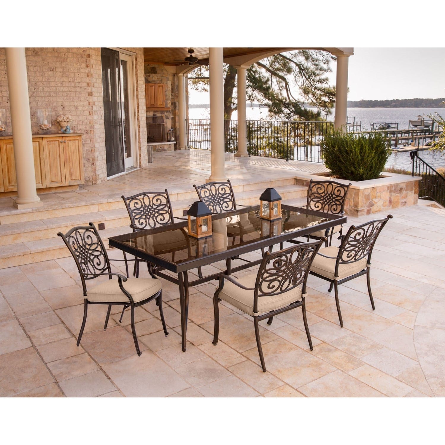 Hanover Outdoor Dining Set Hanover - Traditions 7-Piece Aluminum Frame Dining Set in Tan with Extra Large Glass-Top Dining Table | TRADDN7PCG