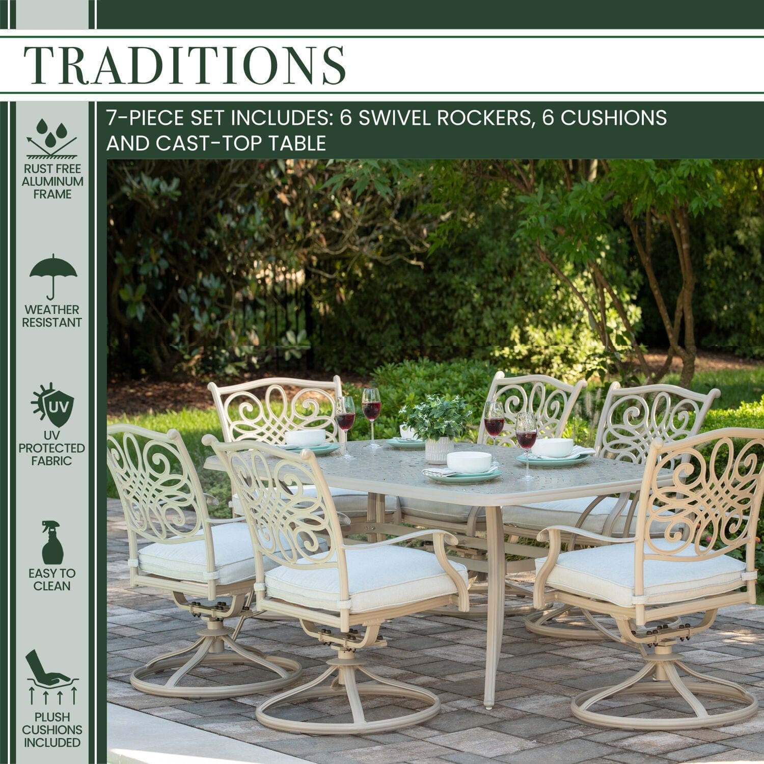 Hanover Outdoor Dining Set Hanover - Traditions 7-Piece Aluminum Frame Dining Set with 6 Swivel Rockers and 38-in. x 72-in. Cast-top Table in Sand Finish | TRADDNSD7PCSW6-BE