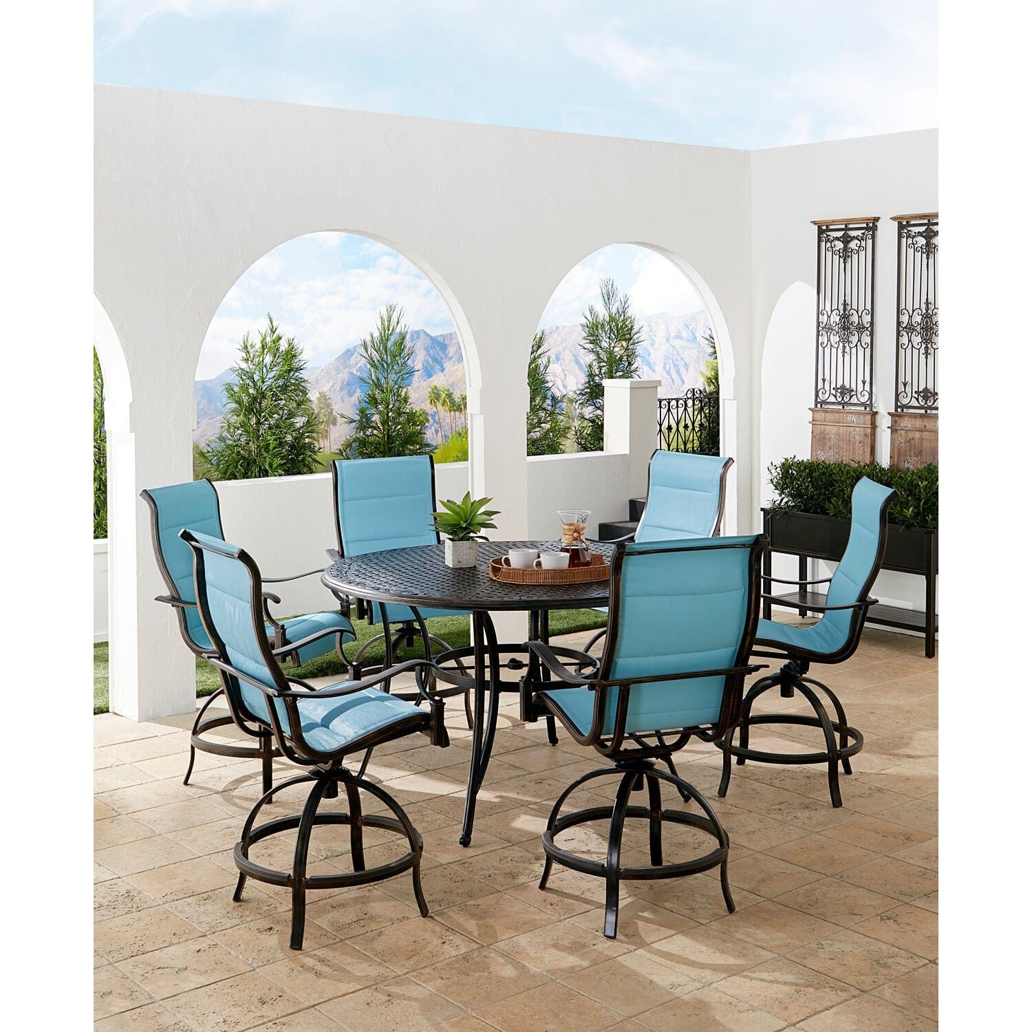 Hanover Outdoor Dining Set Hanover - Traditions 7-Piece Aluminum Frame High-Dining Set in Blue with 6 Padded Swivel Counter-Height Chairs and 56-in. Cast-top Table | TRADDN7PCPDBR-BLU