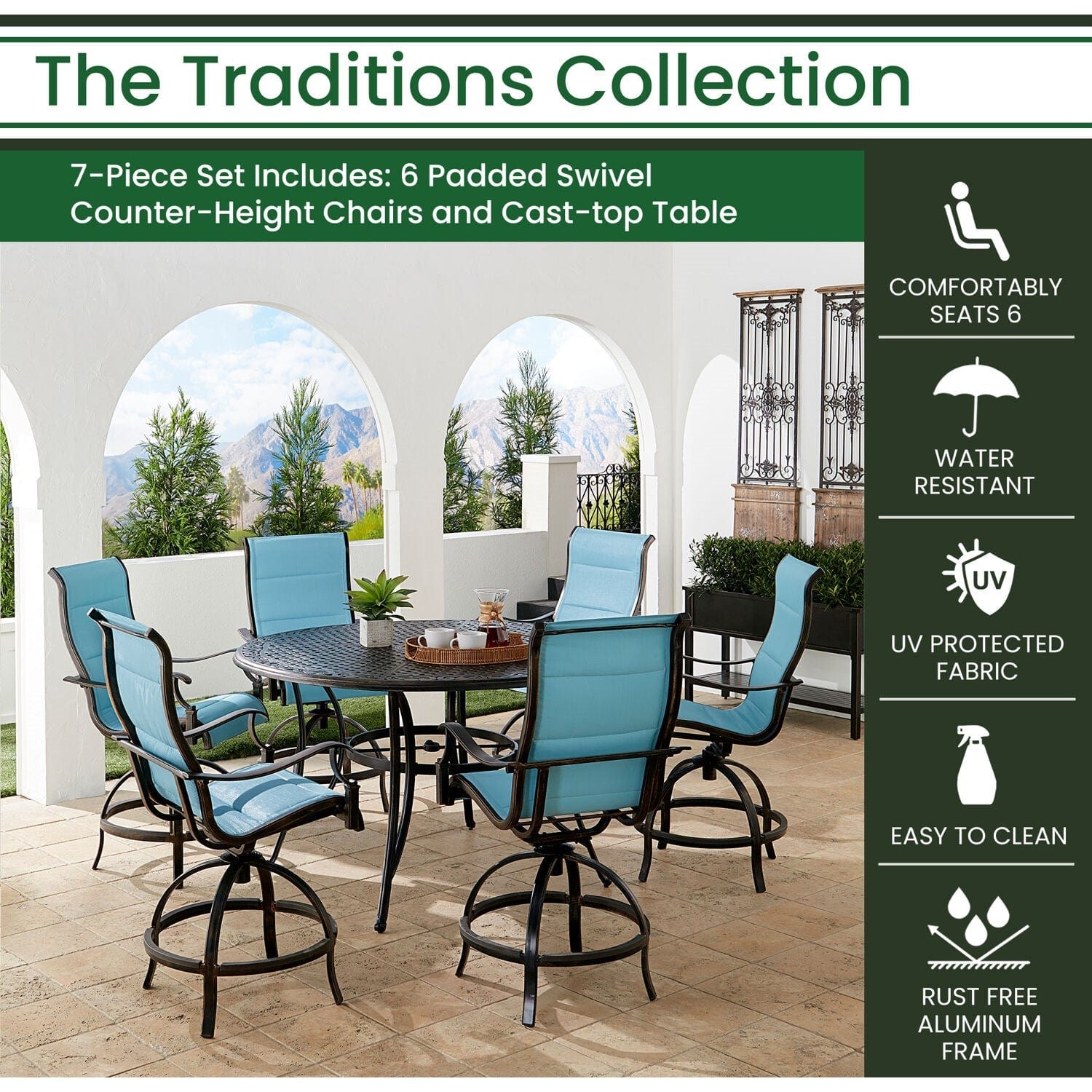 Hanover Outdoor Dining Set Hanover - Traditions 7-Piece Aluminum Frame High-Dining Set in Blue with 6 Padded Swivel Counter-Height Chairs and 56-in. Cast-top Table | TRADDN7PCPDBR-BLU