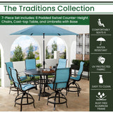 Hanover Outdoor Dining Set Hanover Traditions 7-Piece Aluminum Frame High-Dining Set in Blue with 6 Swivel Counter-Height Chairs, 56-in. Table, and 9-ft. Umbrella |TRADDN7PCPDBR-SU-B