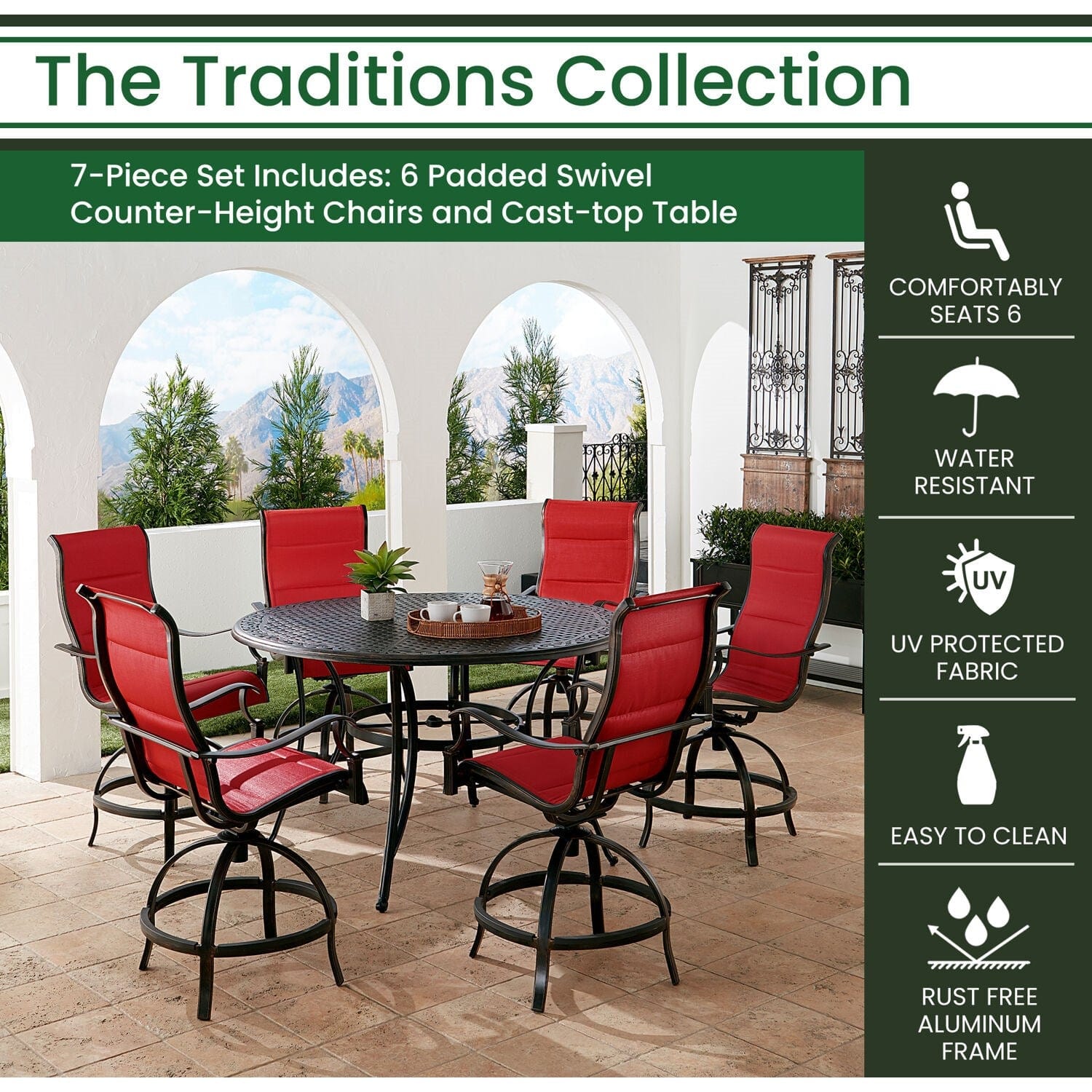 Hanover Outdoor Dining Set Hanover - Traditions 7-Piece Aluminum Frame High-Dining Set in Red with 6 Padded Swivel Counter-Height Chairs and 56-in. Cast-top Table | TRADDN7PCPDBR-RED