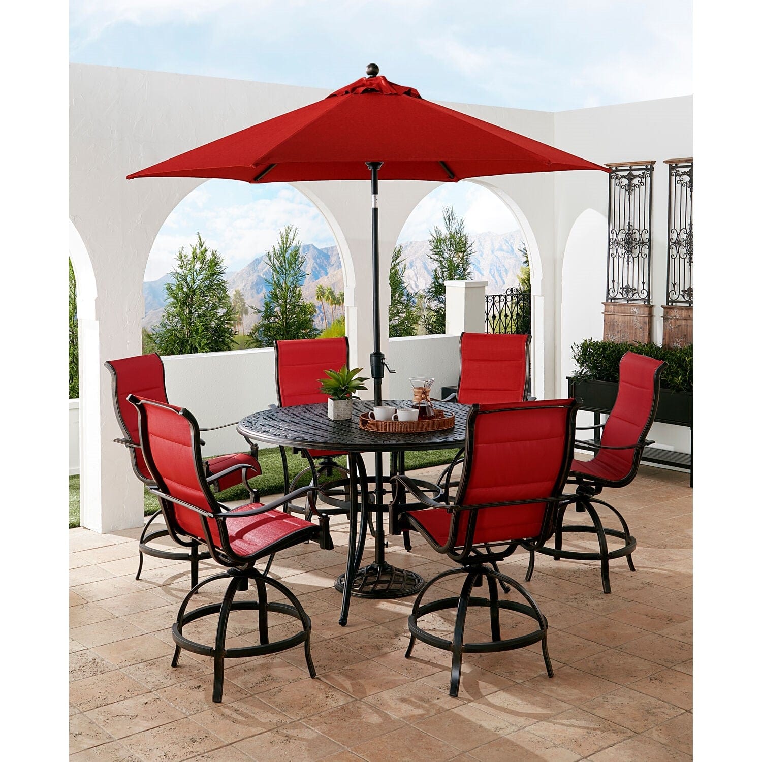 Hanover Outdoor Dining Set Hanover - Traditions 7-Piece Aluminum Frame High-Dining Set in Red with 6 Swivel Counter-Height Chairs, 56-in. Table, and 9-ft.. Umbrella | TRADDN7PCPDBR-SU-R