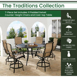 Hanover Outdoor Dining Set Hanover - Traditions 7-Piece Aluminum Frame High-Dining Set in Tan with 6 Padded Swivel Counter-Height Chairs and 56-in. Cast-top Table | TRADDN7PCPDBR-TAN