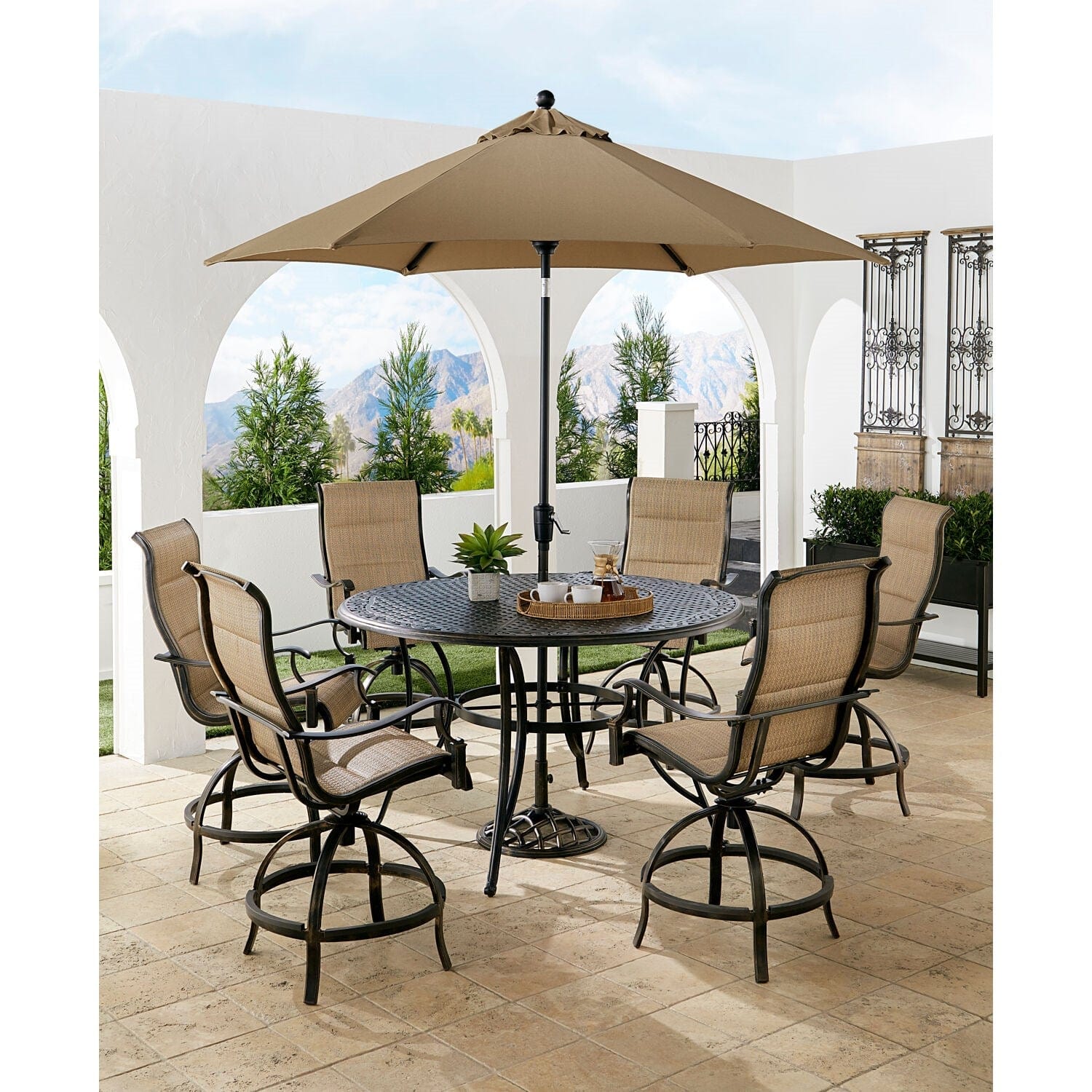 Hanover Outdoor Dining Set Hanover Traditions 7-Piece Aluminum Frame High-Dining Set in Tan with 6 Swivel Counter-Height Chairs, 56-in. Table, and 9-ft. Umbrella | TRADDN7PCPDBR-SU-T