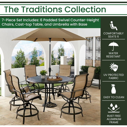 Hanover Outdoor Dining Set Hanover Traditions 7-Piece Aluminum Frame High-Dining Set in Tan with 6 Swivel Counter-Height Chairs, 56-in. Table, and 9-ft. Umbrella | TRADDN7PCPDBR-SU-T