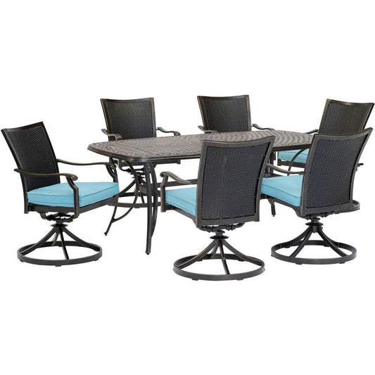 Hanover Outdoor Dining Set Hanover - Traditions 7-Piece Dining Set in Blue with 6 Wicker Back Swivel Rockers and Large 38 in. x 72 in. Cast-Top Table - TRADDNWB7PCSWC-BLU