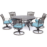 Hanover Outdoor Dining Set Hanover - Traditions 7-Piece Dining Set in Blue with a 60 In. Round Cast-top Table and Six Swivel Rockers - TRADDN7PCSWRD6-BLU