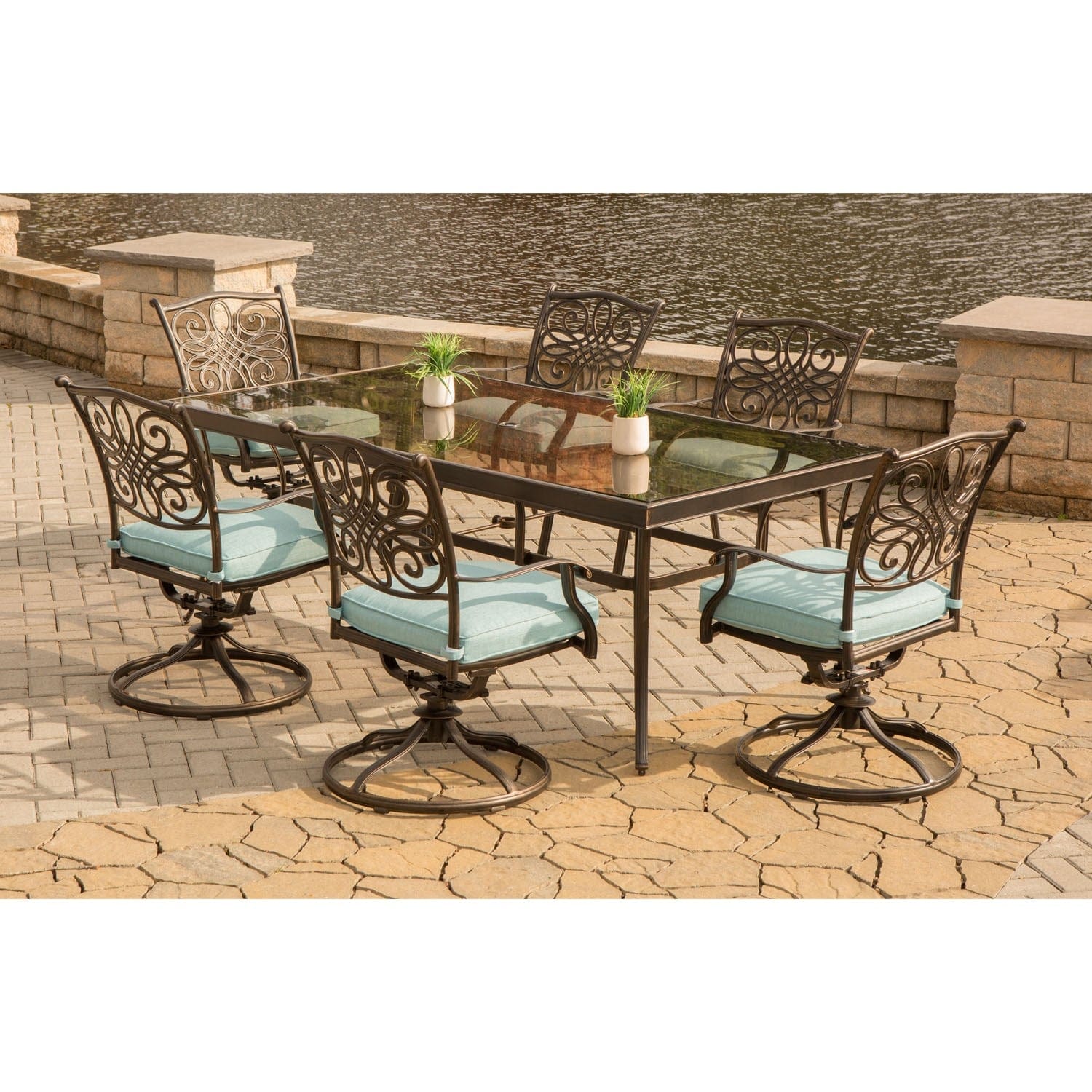 Hanover Outdoor Dining Set Hanover - Traditions 7-Piece Dining Set in Blue with Extra Large Glass-Top Dining Table - TRADDN7PCSWG-B