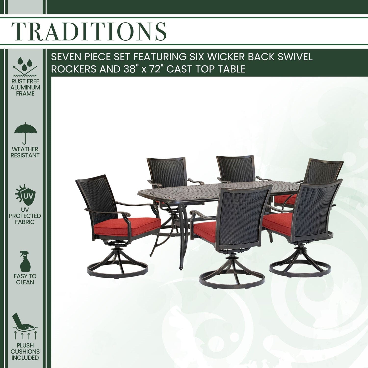 Hanover Outdoor Dining Set Hanover - Traditions 7-Piece Dining Set in Red with 6 Wicker Back Swivel Rockers and Large 38 in. x 72 in. Cast-Top Table - TRADDNWB7PCSWC-RED