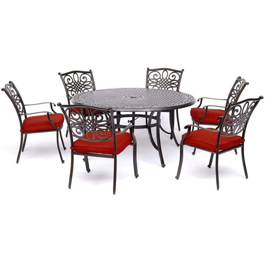Hanover Outdoor Dining Set Hanover - Traditions 7-Piece Dining Set in Red with Six Dining Chairs and a 60 In. Cast-top Table - TRADDN7PCRD-RED