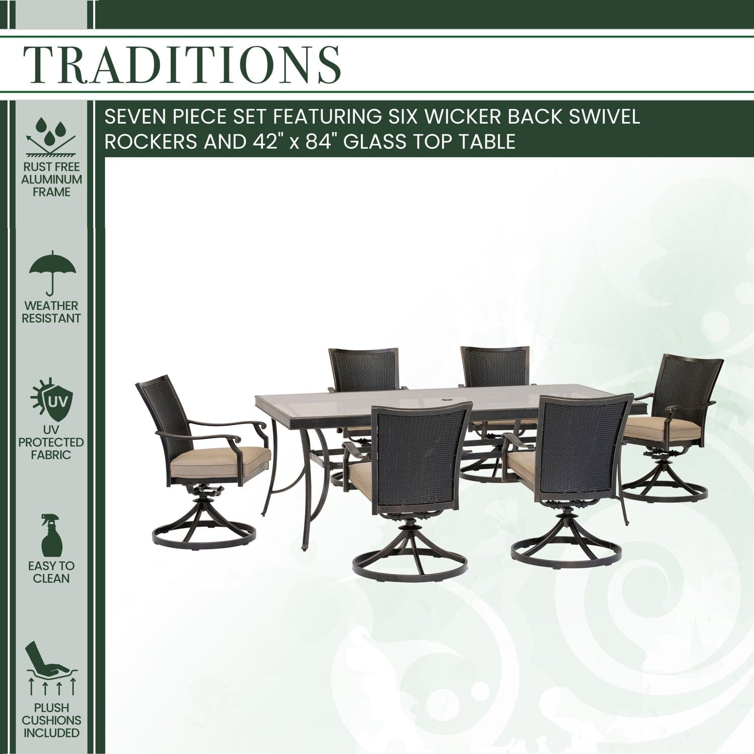 Hanover Outdoor Dining Set Hanover - Traditions 7-Piece Dining Set in Tan with 6 Wicker Back Swivel Rockers and Extra Large 42 in. x 84 in. Glass-Top Table - TRADDNWB7PCSWG-TAN