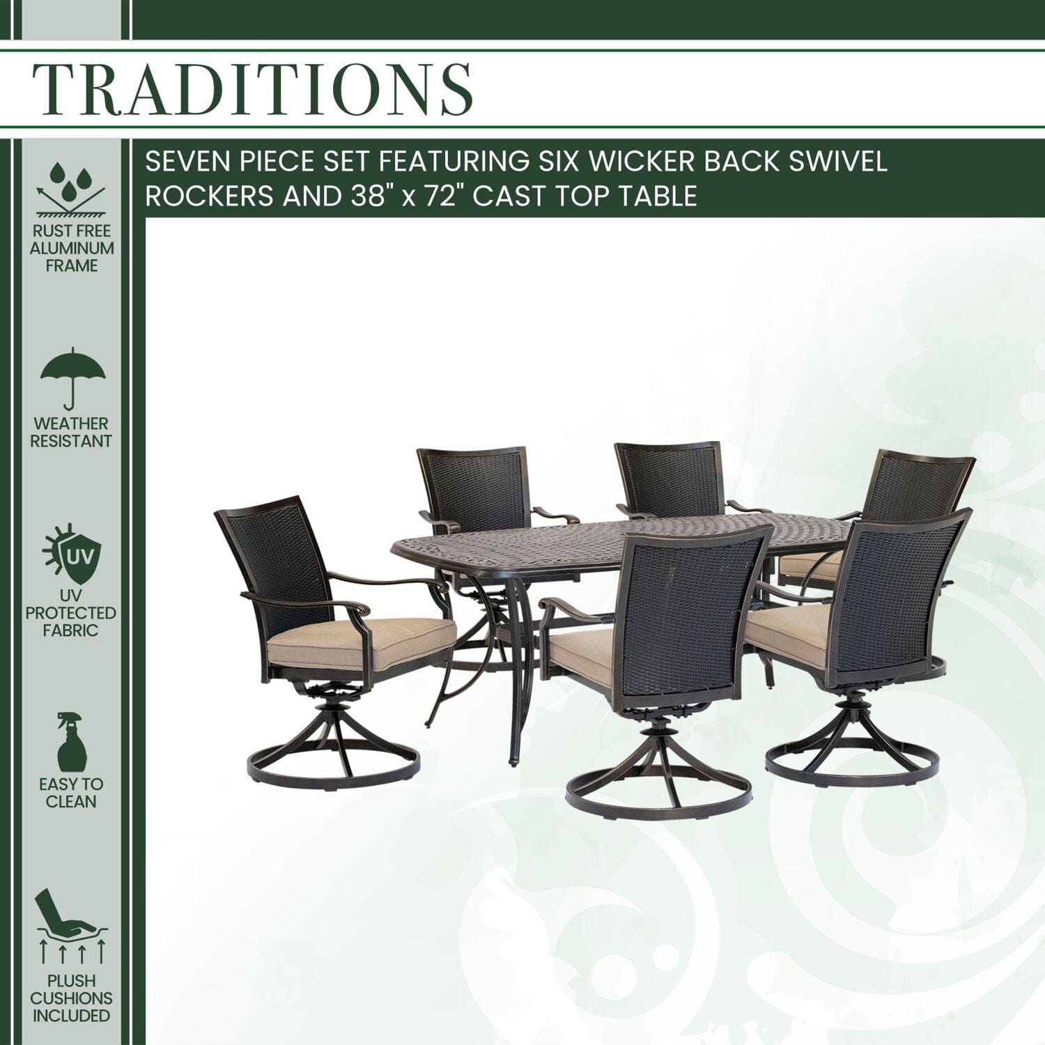 Hanover Outdoor Dining Set Hanover - Traditions 7-Piece Dining Set in Tan with 6 Wicker Back Swivel Rockers and Large 38 in. x 72 in. Cast-Top Table - TRADDNWB7PCSWC-TAN