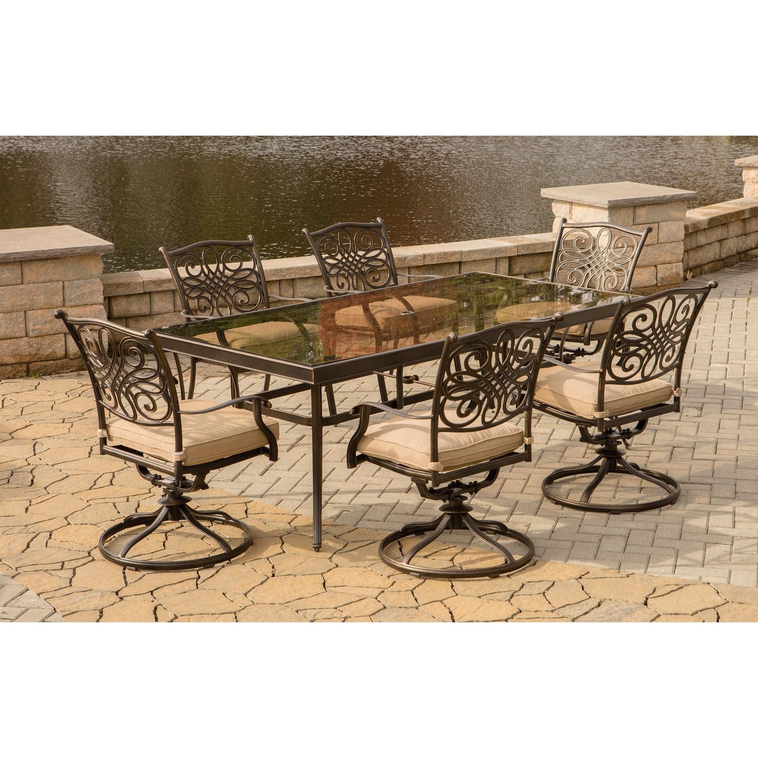Hanover Outdoor Dining Set Hanover - Traditions 7-Piece Dining Set in Tan with Extra Large Glass-Top Dining Table - TRADDN7PCSWG
