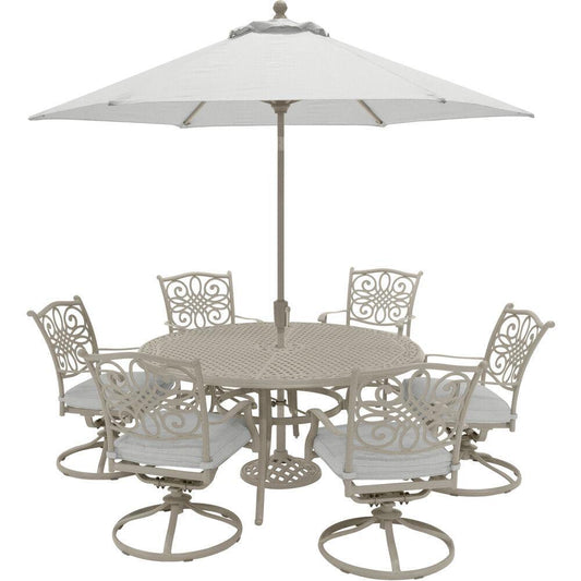 Hanover Outdoor Dining Set Hanover - Traditions 7-Piece Dining Set with 6 Swivel Rockers, 60-in. Round Cast-top Table, 9-Ft. Umbrella and Stand in Sand Finish -  TRADDNSD7PCSWRD6-BE-SU