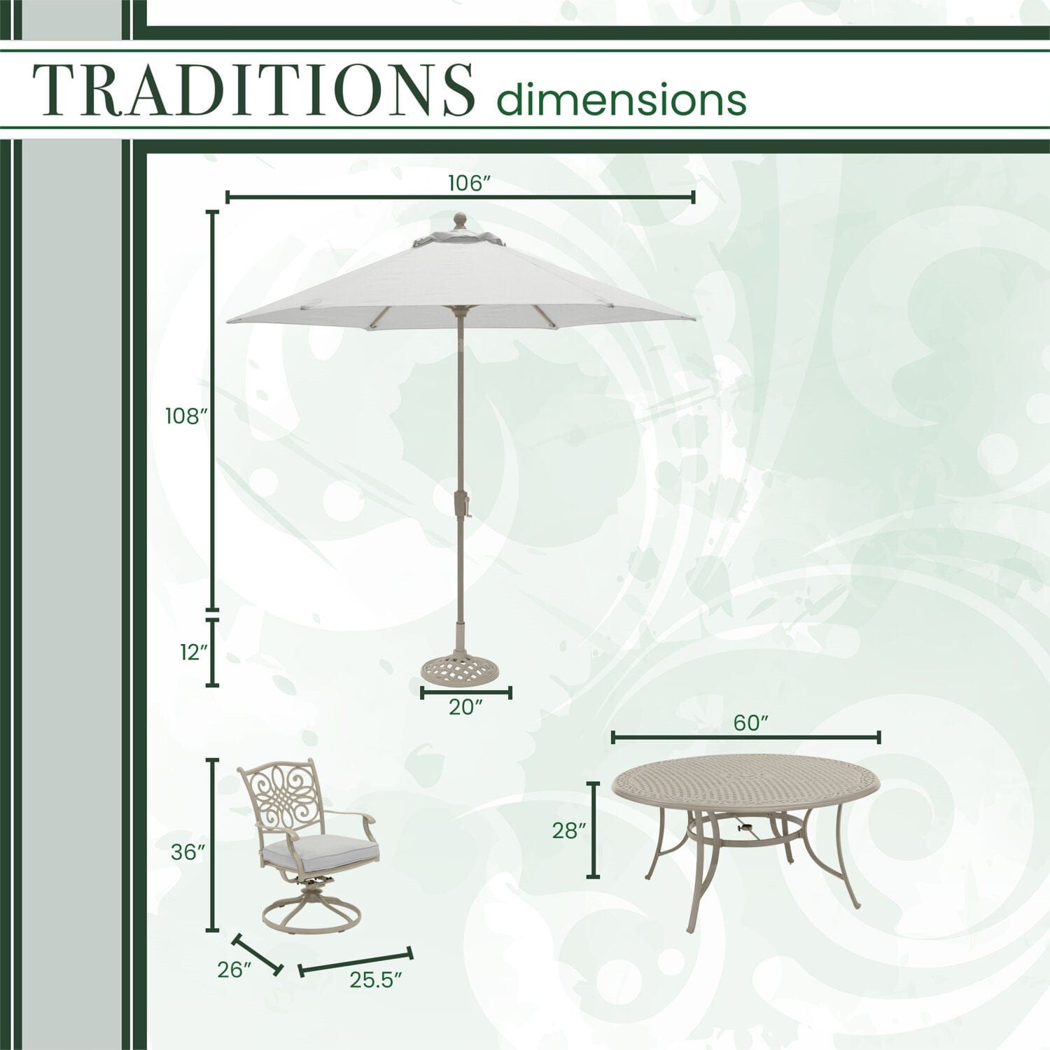 Hanover Outdoor Dining Set Hanover - Traditions 7-Piece Dining Set with 6 Swivel Rockers, 60-in. Round Cast-top Table, 9-Ft. Umbrella and Stand in Sand Finish -  TRADDNSD7PCSWRD6-BE-SU