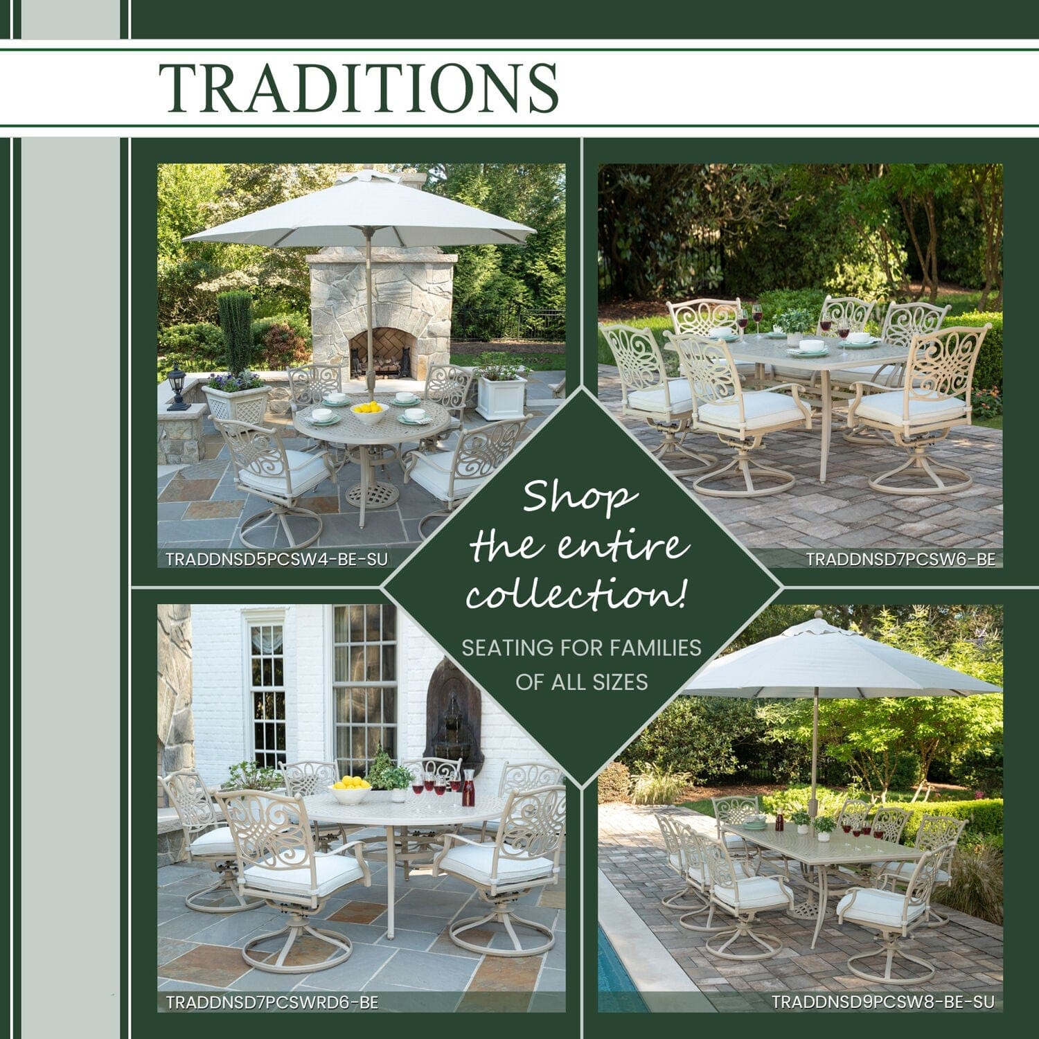 Hanover Outdoor Dining Set Hanover - Traditions 7-Piece Dining Set with 6 Swivel Rockers and 38-in. x 72-in. Cast-top Table, 9-Ft. Umbrella and Stand, Sand Finish - TRADDNSD7PCSW6-BE-SU