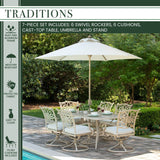 Hanover Outdoor Dining Set Hanover - Traditions 7-Piece Dining Set with 6 Swivel Rockers and 38-in. x 72-in. Cast-top Table, 9-Ft. Umbrella and Stand, Sand Finish - TRADDNSD7PCSW6-BE-SU