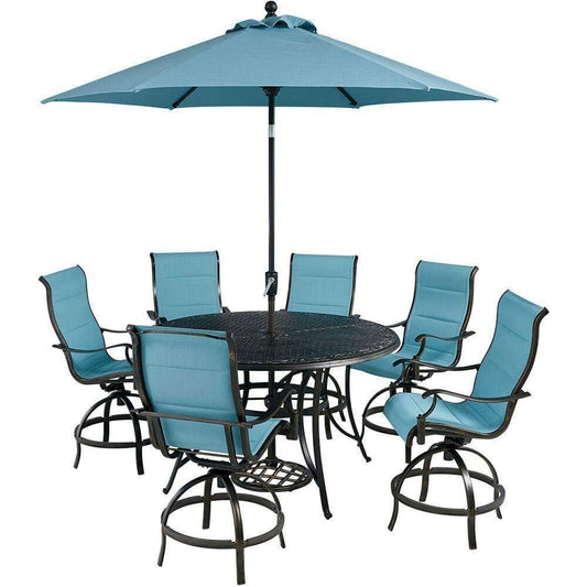 Hanover Outdoor Dining Set Hanover Traditions 7-Piece High-Dining Set in Blue with 6 Swivel Counter-Height Chairs, 56-in. Table, and 9-ft. Umbrella