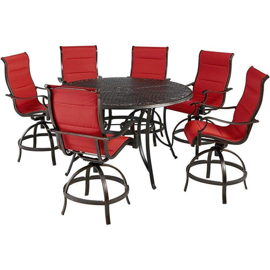 Hanover Outdoor Dining Set Hanover Traditions 7-Piece High-Dining Set in Red with 6 Padded Swivel Counter-Height Chairs and 56-in. Cast-top Table