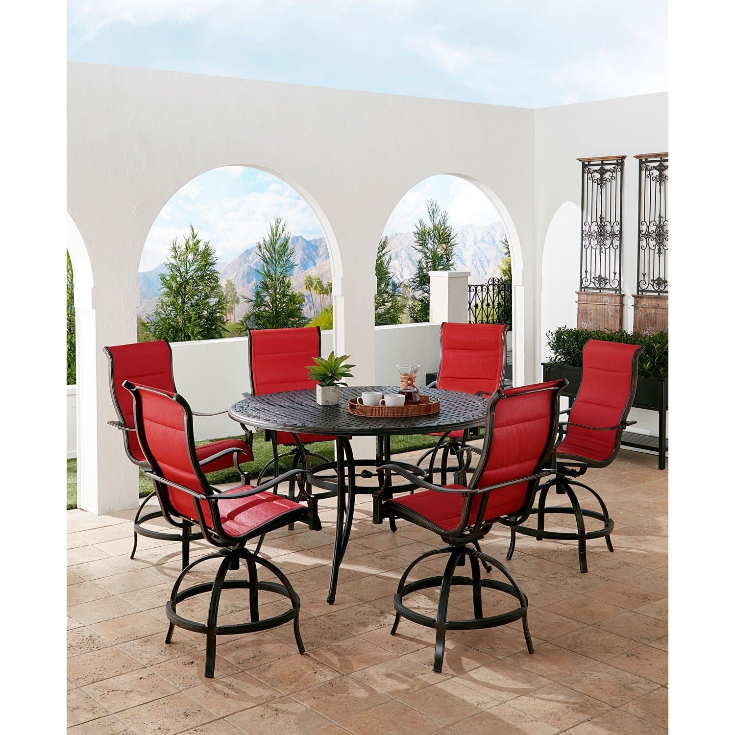 Hanover Outdoor Dining Set Hanover Traditions 7-Piece High-Dining Set in Red with 6 Padded Swivel Counter-Height Chairs and 56-in. Cast-top Table