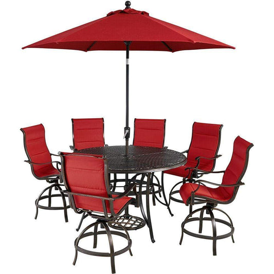 Hanover Outdoor Dining Set Hanover Traditions 7-Piece High-Dining Set in Red with 6 Swivel Counter-Height Chairs, 56-in. Table, and 9-ft. Umbrella