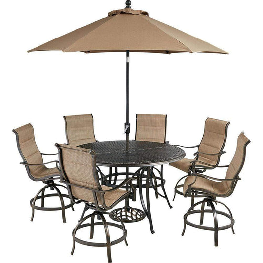 Hanover Outdoor Dining Set Hanover Traditions 7-Piece High-Dining Set in Tan with 6 Swivel Counter-Height Chairs, 56-in. Table, and 9-ft. Umbrella