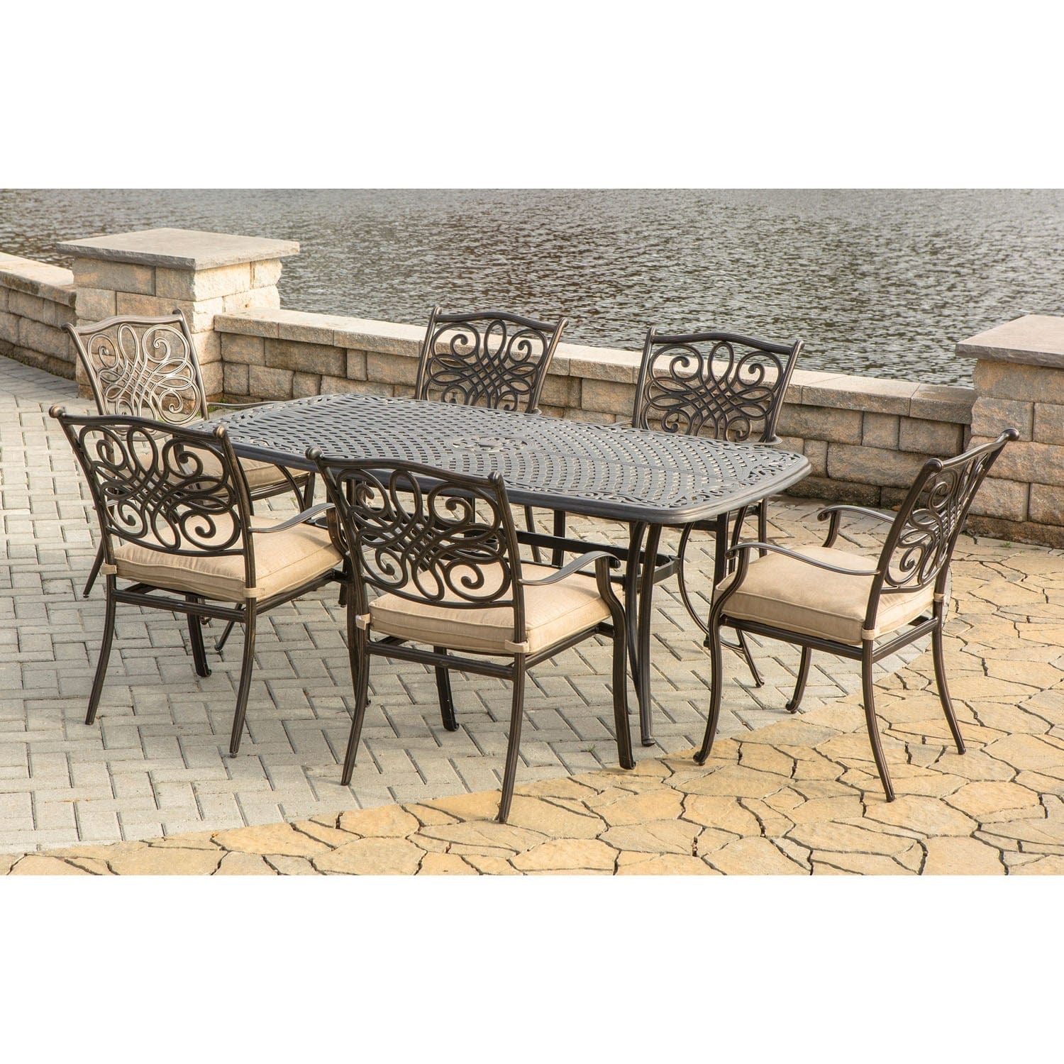Hanover Outdoor Dining Set Hanover - Traditions 7-Piece Outdoor Dining Set | 72 x 38" Cast Top Table | 6 Dining Chairs | Tan | TRADITIONS7PC