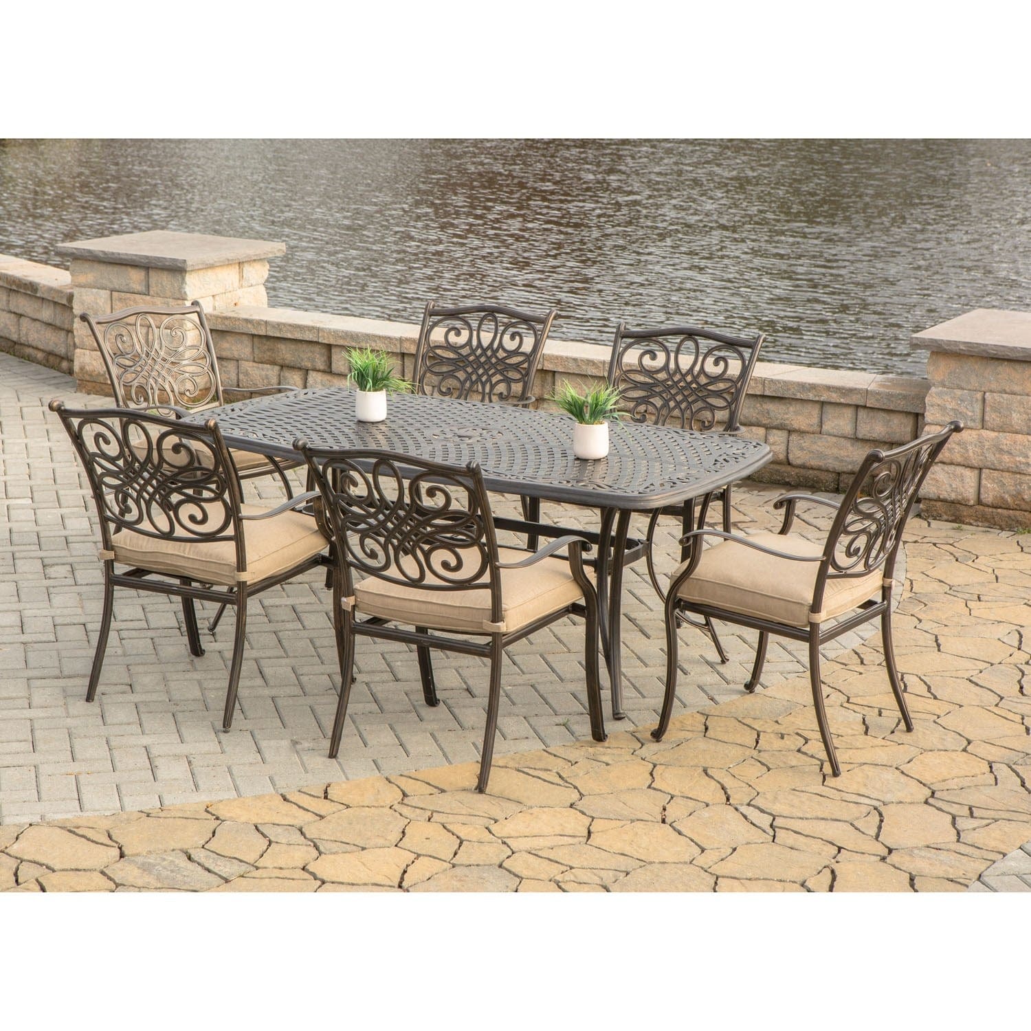 Hanover Outdoor Dining Set Hanover - Traditions 7-Piece Outdoor Dining Set | 72 x 38" Cast Top Table | 6 Dining Chairs | Tan | TRADITIONS7PC