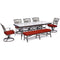 Hanover Outdoor Dining Set Hanover - Traditions 7-Piece Outdoor Dining Set in Red with 5 Swivel Rockers, a Cushioned Bench, and a 42" x 84" Glass-Top Table - TRADDN7PCSW5GBN-RED