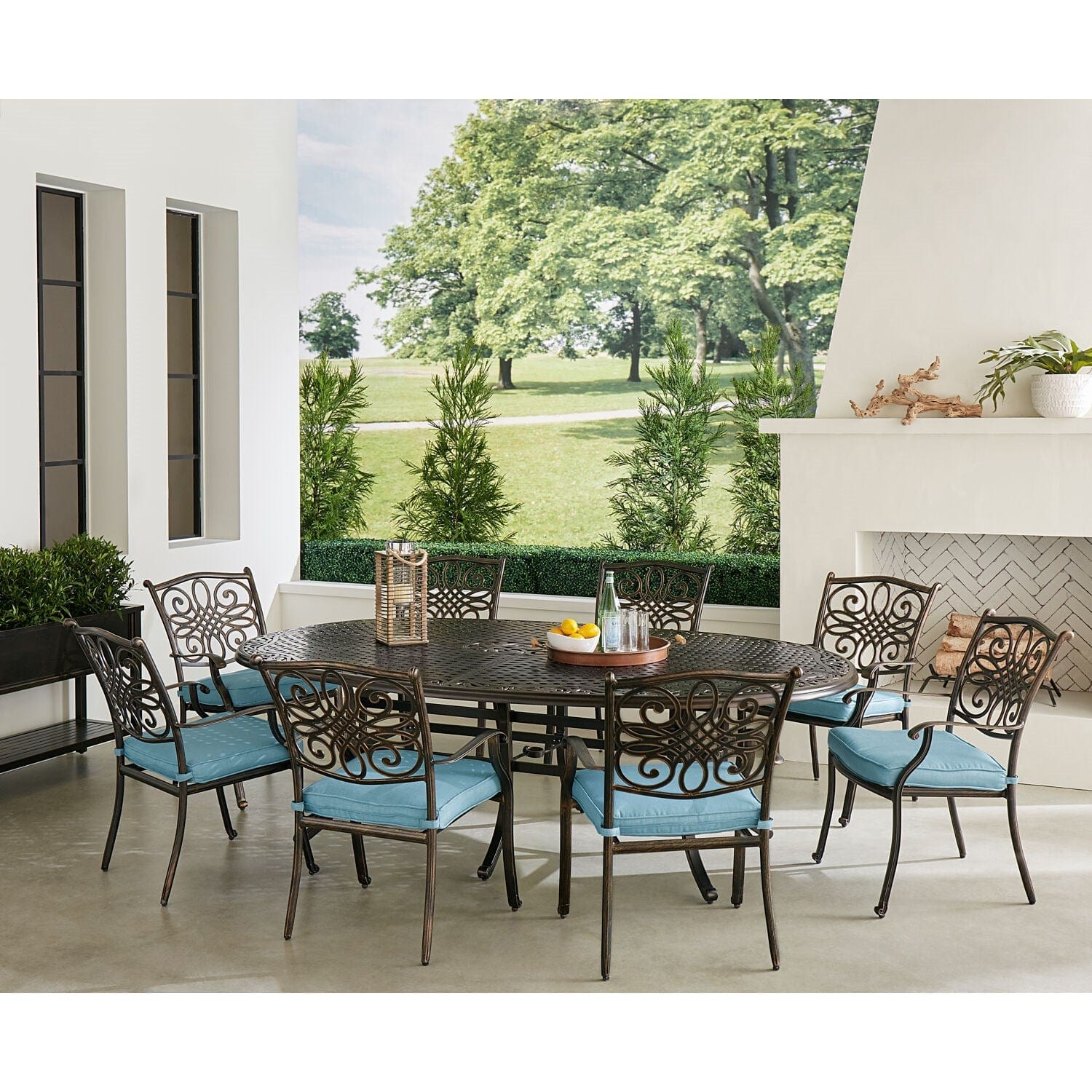 Hanover Outdoor Dining Set Hanover Traditions 9-Piece  Aluminium Frame Dining Set in Blue with Eight Stationary Dining Chairs and 95-in. x 60-in. Oval Cast Dining Table | TRADDN9PCOV-BLU