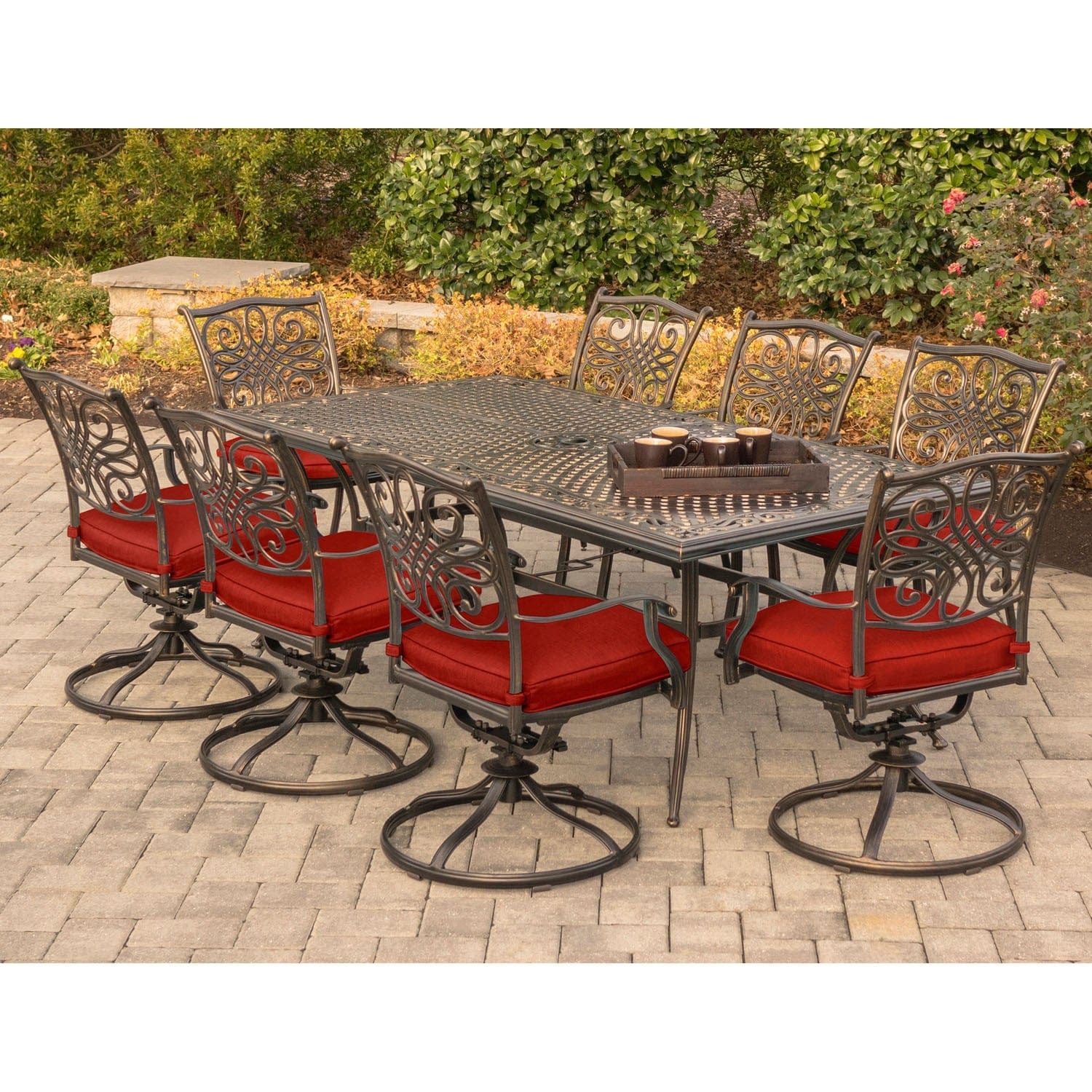 Hanover Outdoor Dining Set Hanover - Traditions 9-Piece Aluminium Frame Dining Set in Red with 8 Swivel Rockers and a 84" x 42" Cast-top Dining Table | TRAD9PCSW8-RED