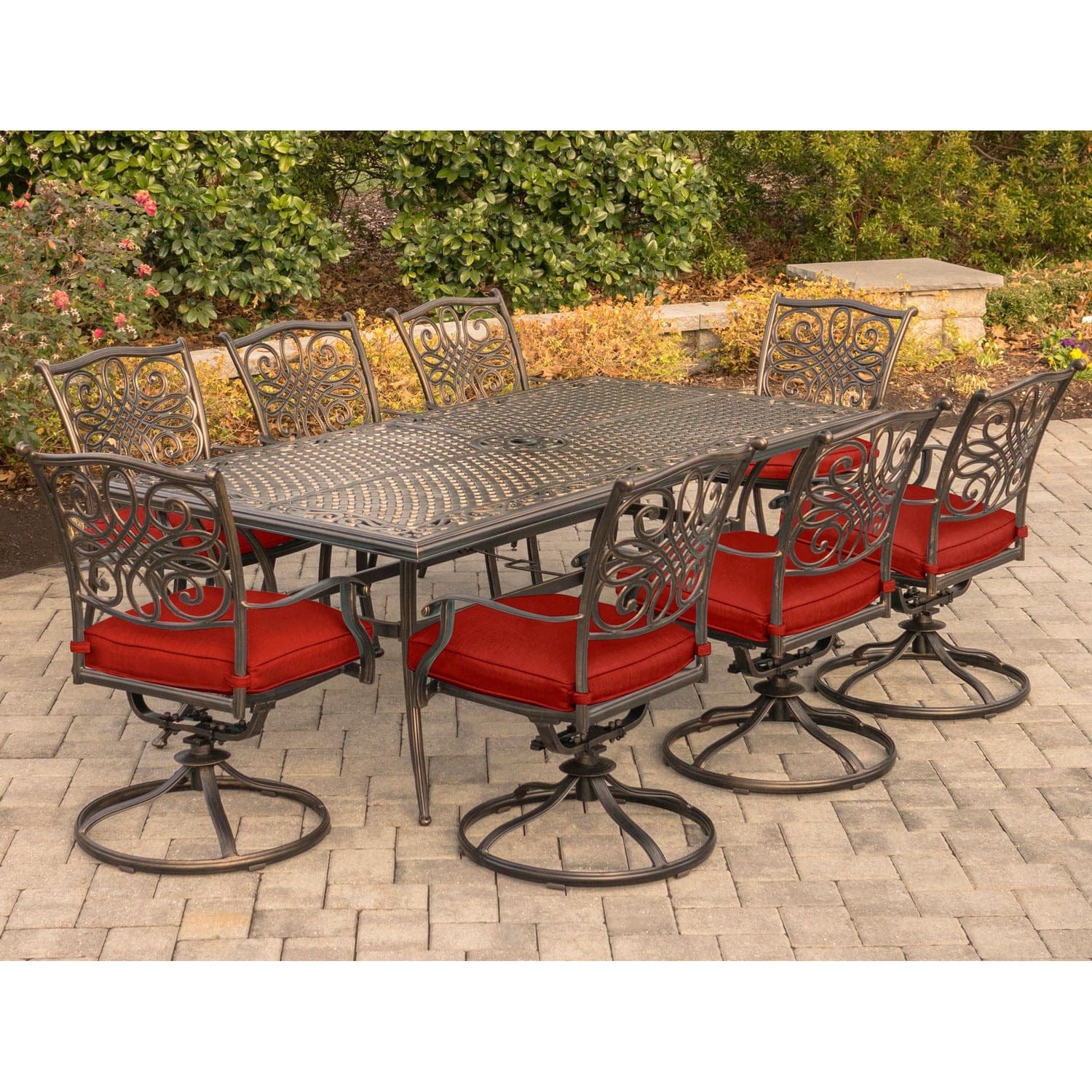 Hanover Outdoor Dining Set Hanover - Traditions 9-Piece Aluminium Frame Dining Set in Red with 8 Swivel Rockers and a 84" x 42" Cast-top Dining Table | TRAD9PCSW8-RED